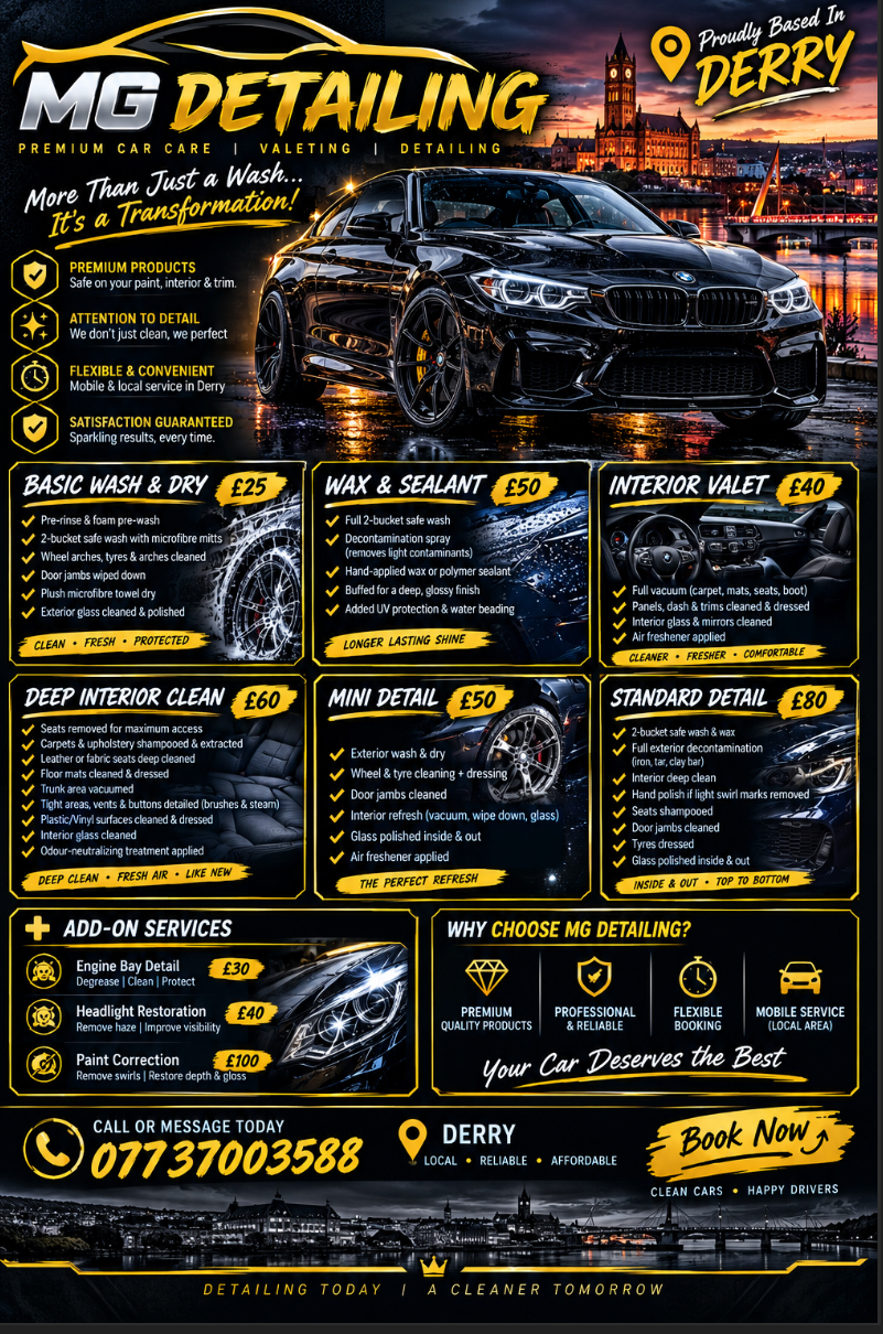 MG Detailing Derry menu and price list